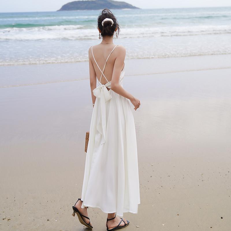 Summer New Style Female Slim Mid-length Halter Slim V-neck High-waist Seaside Holiday Suspender Dress