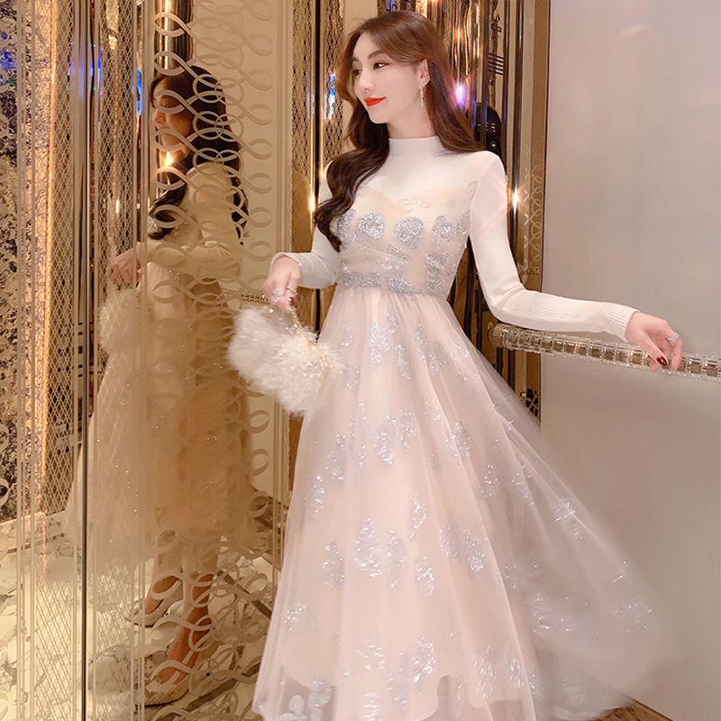 Fashion mesh gown sequin dress women autumn and winter dress plus size slim knitted dress woman