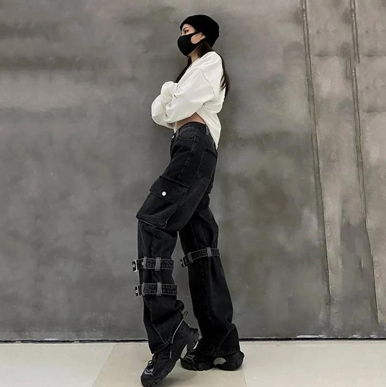 Black Baggy Cargo Pants Tripp Pants - Grunge Goth High Waist Denim Jeans - Wide Leg Punk Mall Goth Trousers
