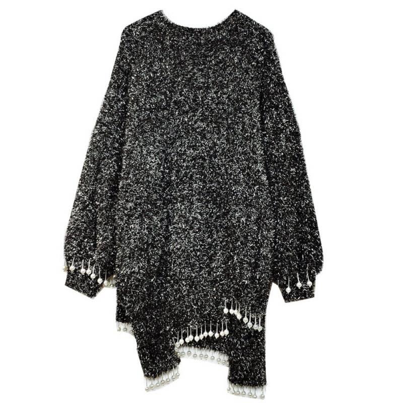Beads Tassel Knitwear Women Loose Bling Silk Crew Neck Irregular Hem Pullover Sweater Dress