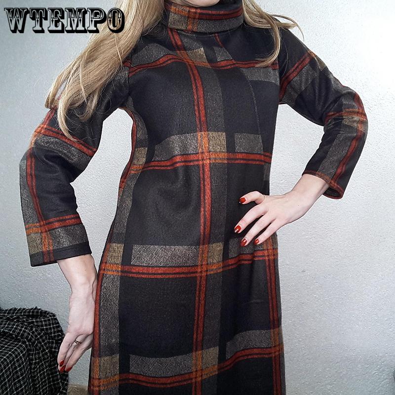 Plaid dress Long Sleeve Cotton Woolen Plus Size Vintage Women Casual Loose Autumn Winter Dress Elegant Clothes