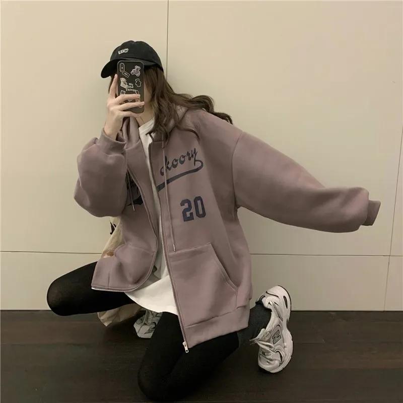 Fleece Thickened Hooded Sweater Women's Winter Loose Lazy Wind Zipper Cardigan Student Jacket Sports Casual Coat
