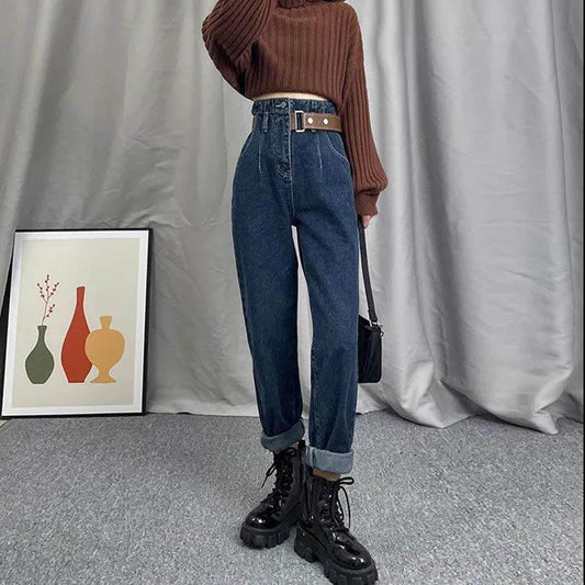 Ultra-high Waist Jeans Female Velvet Straight Loose Wide Leg Design Harlan Elder Radish Pants