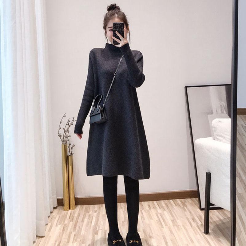 Autumn and Winter Mid-length Casual Sweater Half High Neck Thick Pullover Blouse Knitted Loose Women Sweater Dress