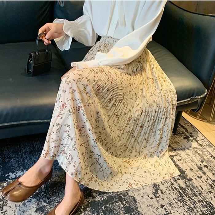 Pleated Floral Skirt Summer Women's High Waist Mid-length A-line Draping Chiffon Fairy Dress