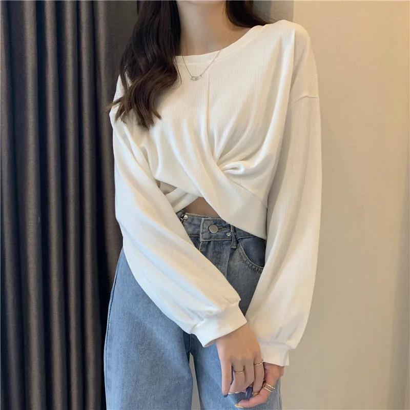 Spring and Autumn Girls' Hooded Sweatshirts Design Short Tops Cross Solid Color Long-sleeved Sweater Women