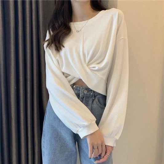Spring and Autumn Girls' Hooded Sweatshirts Design Short Tops Cross Solid Color Long-sleeved Sweater Women