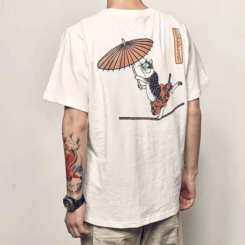 Summer New Japanese Five-point T-shirt Men's Retro Acrobatic Cat Printing Comfortable and Versatile Short Sleeves