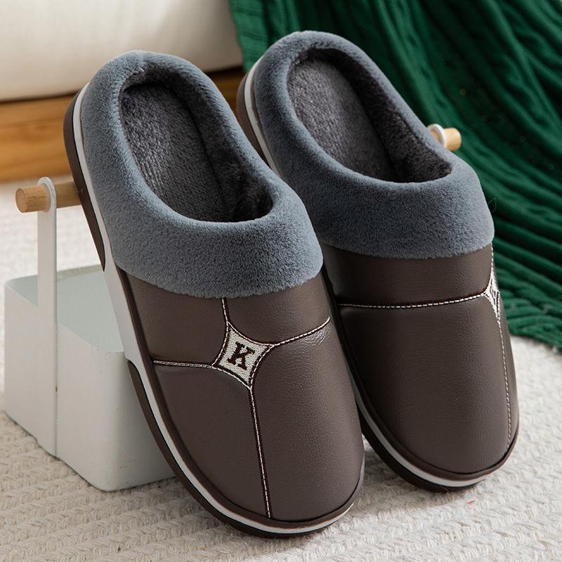Lovers PU Lint Slippers Household Waterproof Thick-soled Warm Cotton Slippers Winter Indoor Couple Hair Slippers