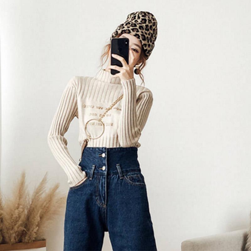 Pofulove Base Shirt Ladies Wild Loose Pullover Tide  Half-high Collar Bronzing Alphabet Knit