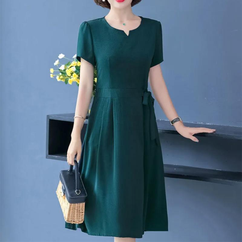 Middle-aged Female Mother Cotton Skirt Summer Dress Short-sleeved Temperament Dress Casual Breathable Perspiration