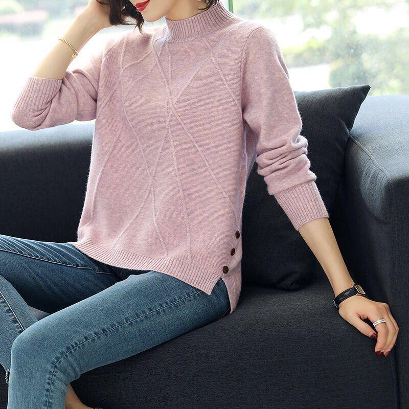 Pofulove Women's Short Turtleneck Solid Color Sweater Winter New Loose Fashion Sweater Women