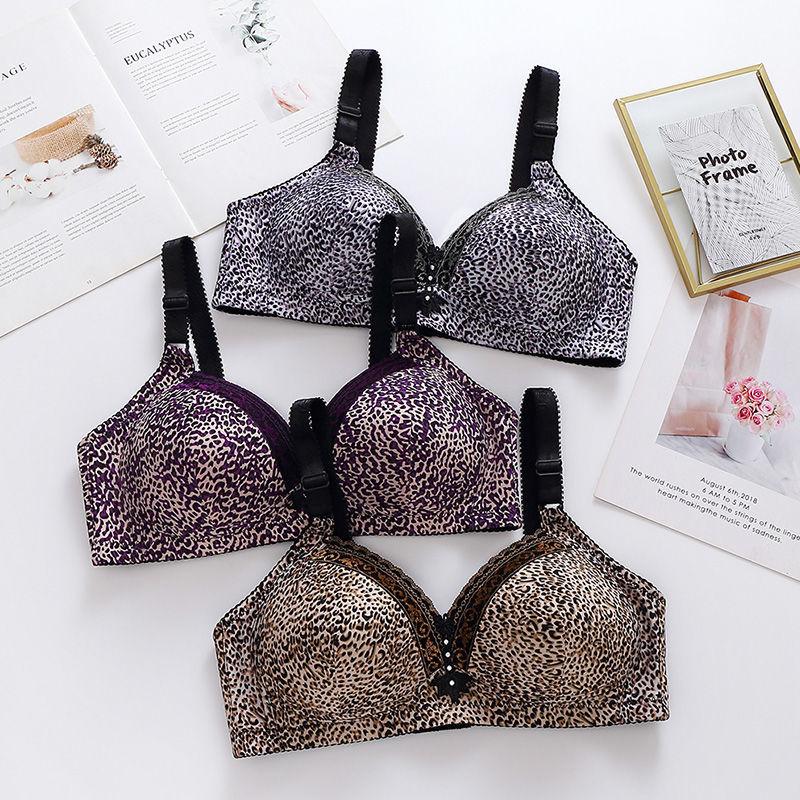 Leopard Print Large Size Thin Non-magnetic Bra Breast-receiving Anti-sagging No Steel Ring Gathering Underwear Ladies Bra