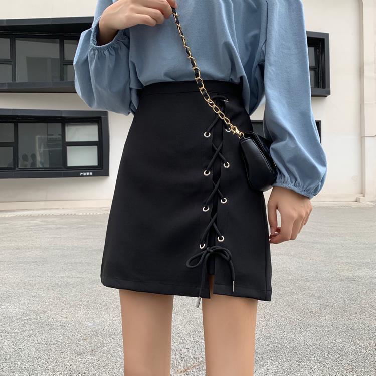 Women's Sexy Short Cross Straps Solid Zipper Split Mini Skirt Mid Waist A-line Pencil Skirts