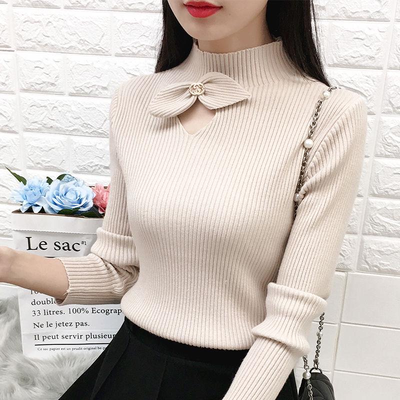 Women turtleneck sweater warm bow hollow Slim bottoming Knitted sweater pullover coat short Winter