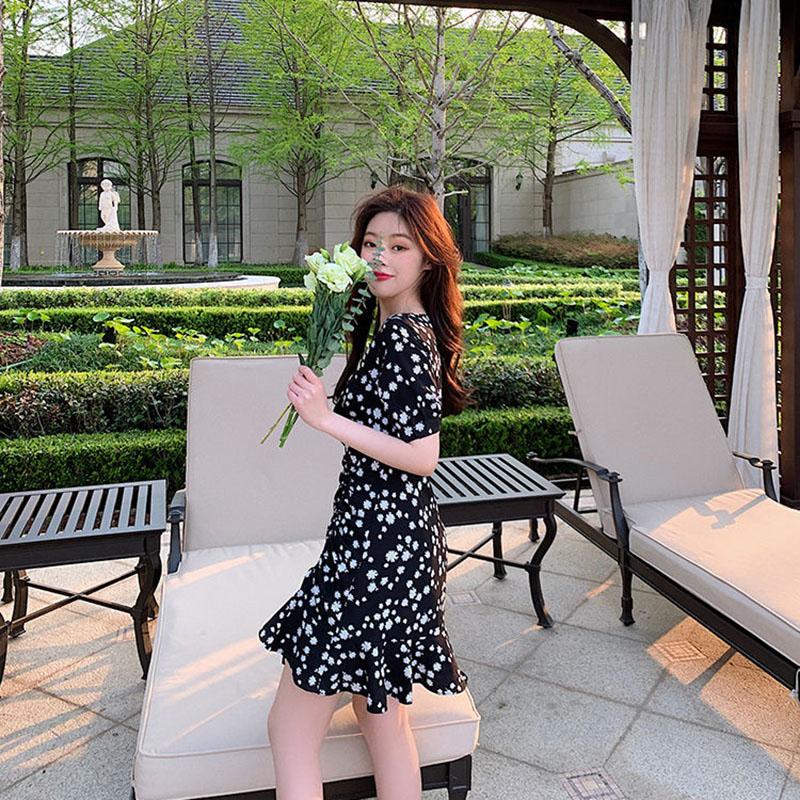 Women's Summer Dress V-neck Slim Floral A-line Skirt