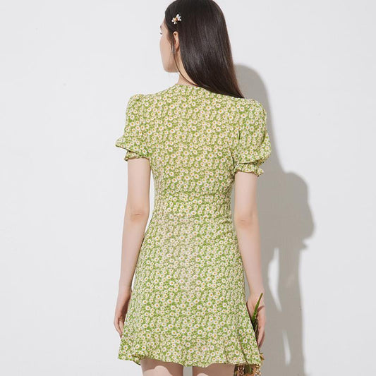Female Vintage Elegant Short Green Daisy Print Holiday Dress Bubble Sleeves Short Slim Party Dress