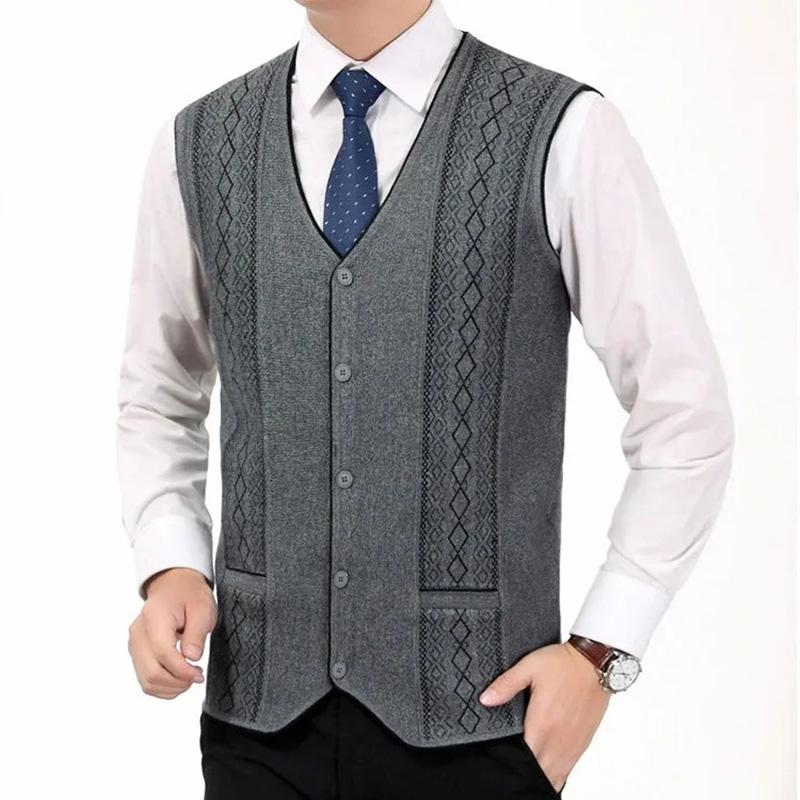 Autumn and Winter Knitted Vest Men's Elastic Cardigan Middle-aged Men's Sleeveless Loose Vest Dad Wear Waistcoat Elderly Sweater