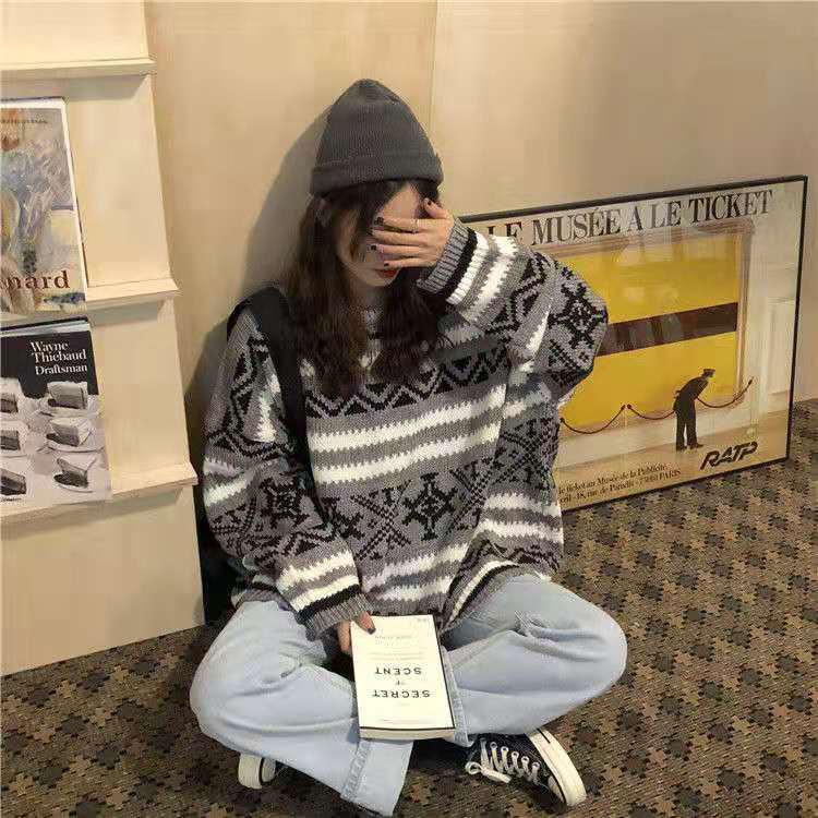 Winter Loose Lazy Wind Pullover O Neck Crew Neck Long-Sleeve Versatile Women Top Retro Sweater