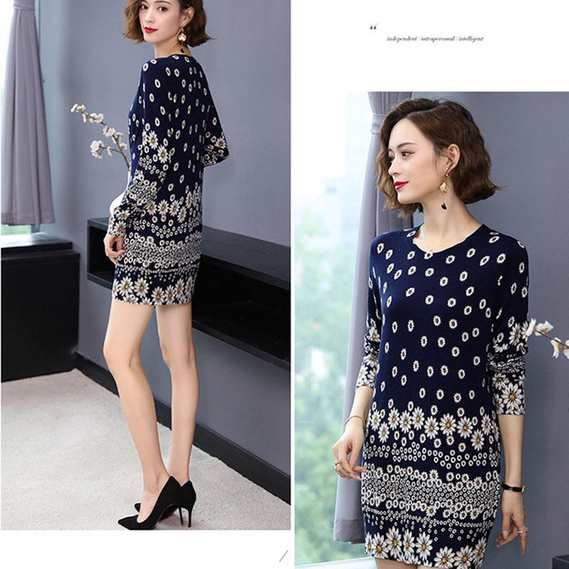 Floral Print Sweater Dress Women Autumn Winter  Knitted Pullover O-Neck Long Sleeve Long Knit Dress
