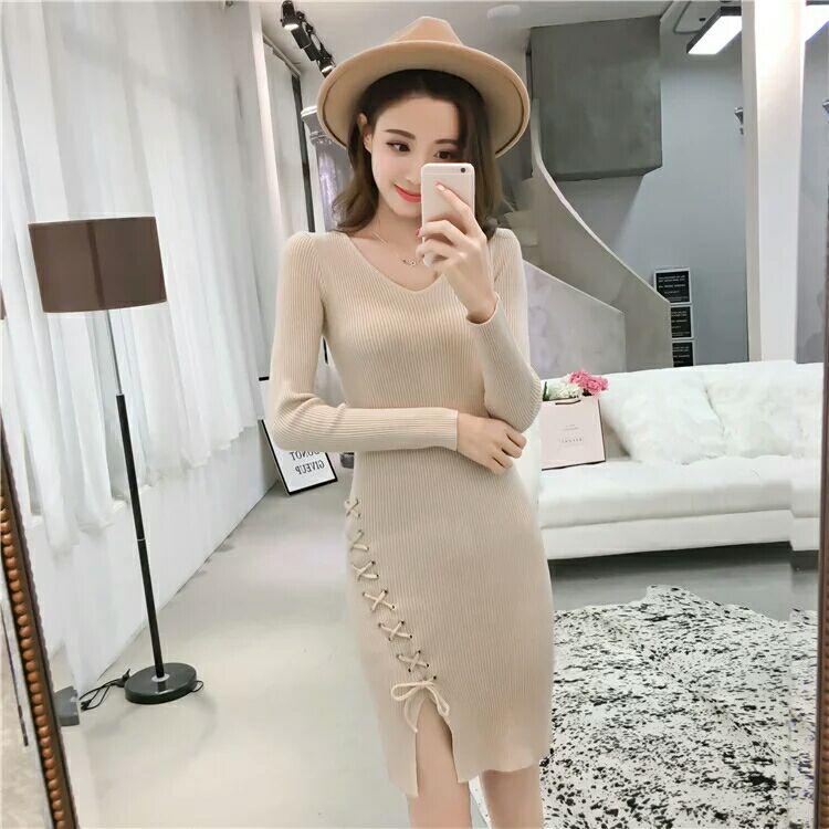 Pofulove  Winter Women's Slim Fit Hedging Mid-length Bottoming Knitted Sweater Hip Sweater Dress