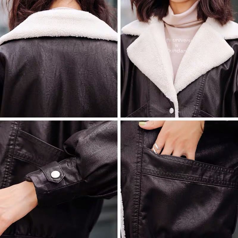 Women's Leather Winter Clothing Korean Style Short Loose Leather Jacket Lamb Hair Plus Velvet Thick Motorcycle Leather Jacket