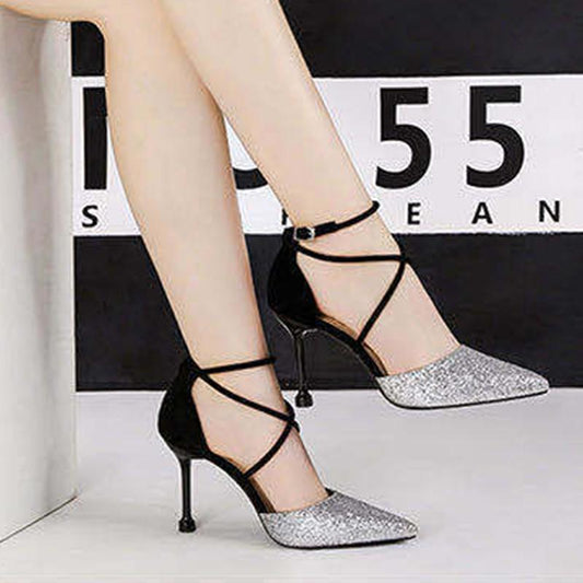 Crystal Sequins Pointed Toe High Heels Stiletto Buckle Hollow Single Shoes Cross Strap Women Sandals