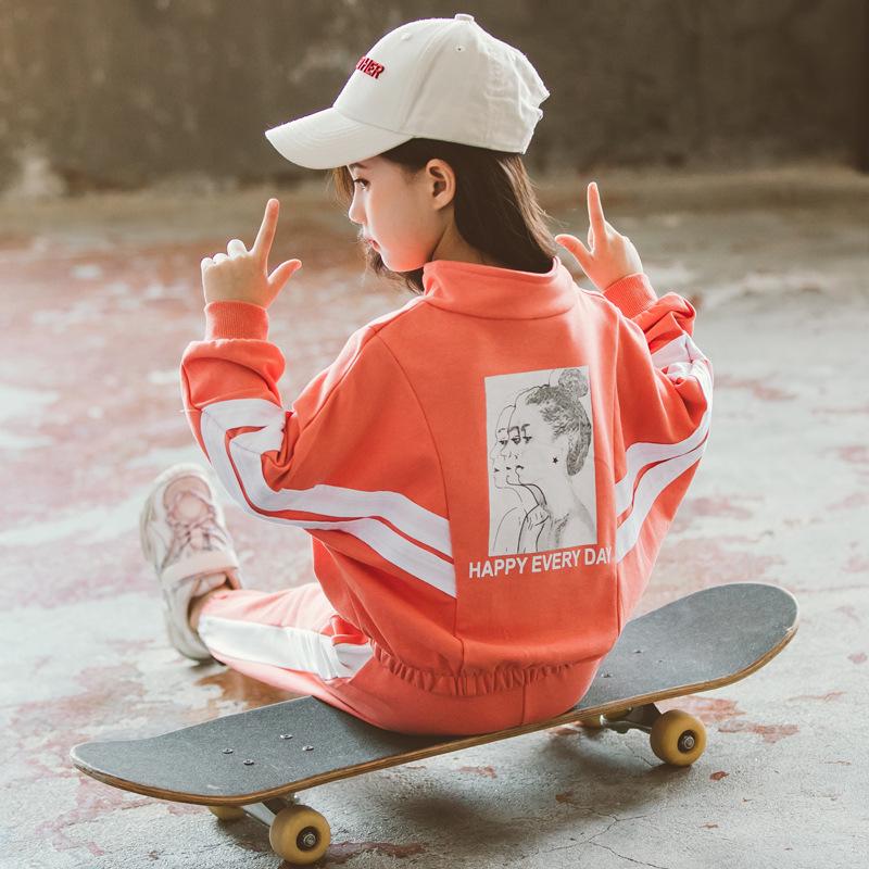 Girls Spring and Summer Sports Suits Long-sleeved Loose Casual Sportswear Girl Teenage Children's School Clothing