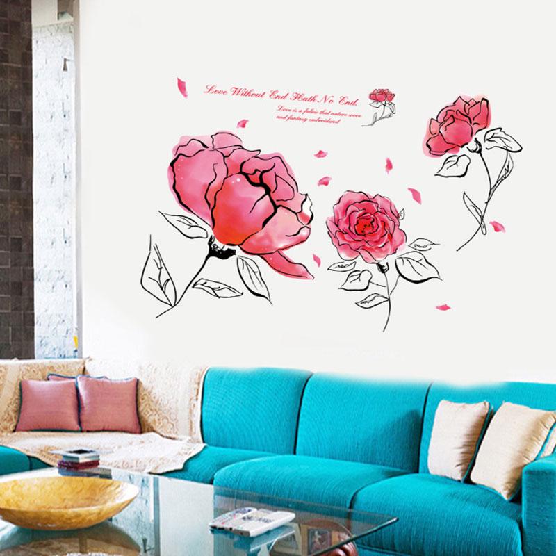 Pink Peony Flower Wall Stickers For Living Room Home Decoration Bathroom Glasses Stickers Wallpaper