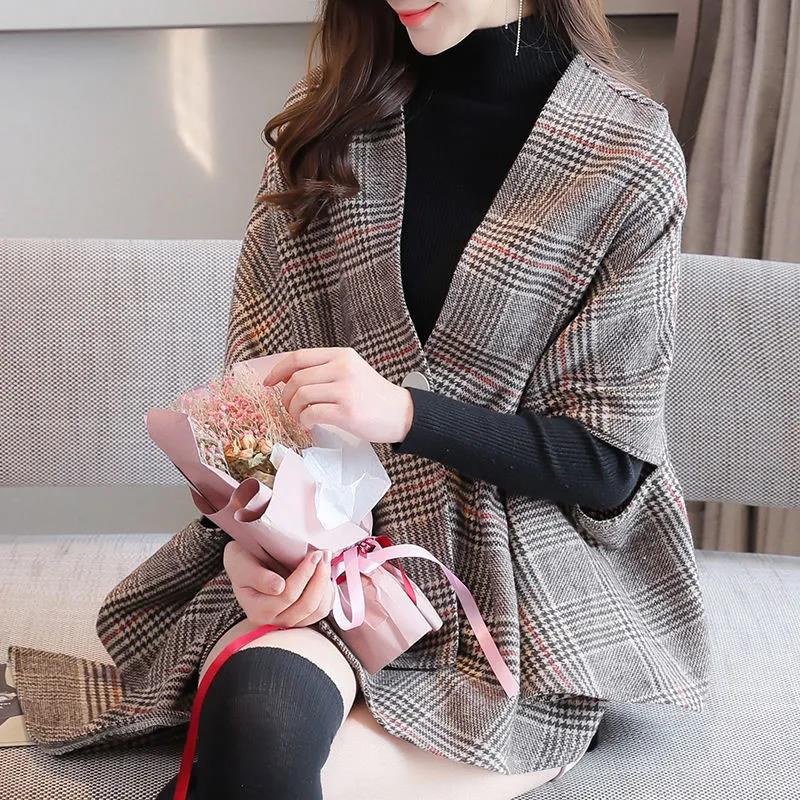 Plaid Shawl Cloak Spring and Autumn Women's Double-sided Woolen Coat British Style Retro Temperament Asymmetric