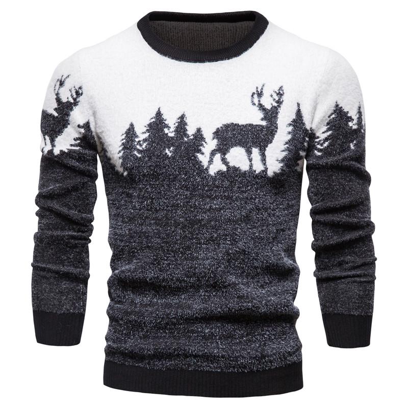 Slim Winter Christmas MensFashion Sweater Christmas Tree Deer Print Sweaters Casual O-neck Male Pullovers Sweaters Pull