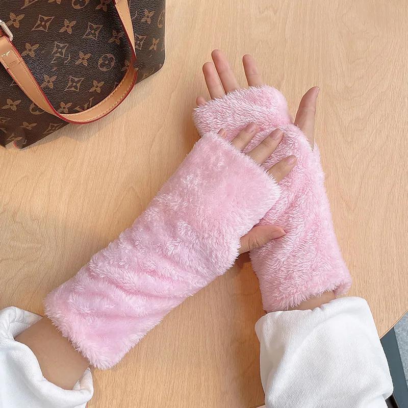 Winter Gloves Women Thick Plush Warm Gloves Long Arm Cover Fingerless Gloves