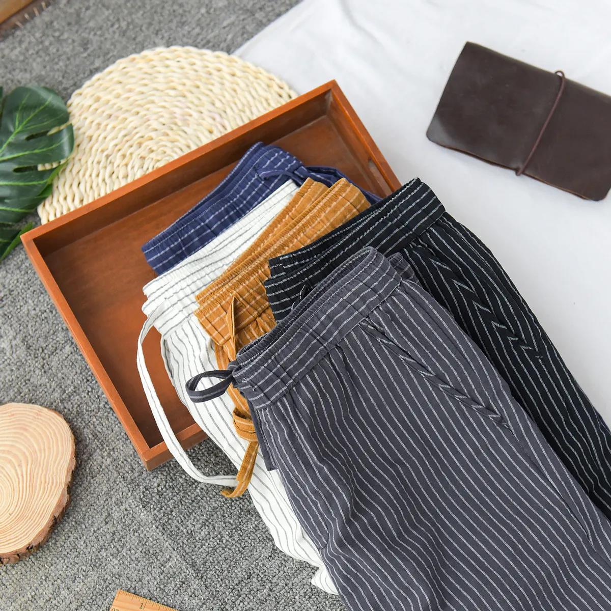 Striped Thin Elastic Waist Straight-leg Casual Cropped Trousers Men's Drawstring Youth Breathable Loose Trousers