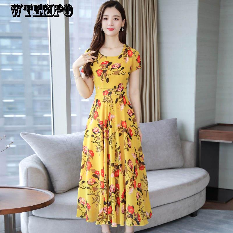 Summer Round Neck Short-sleeved Dress Floral Dress Over The Knee Loose and Thin