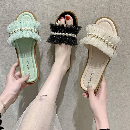 Fairy Style Slippers Women's Outer Wear Summer Pearl Sandals and Slippers Fashion Flat Non-slip