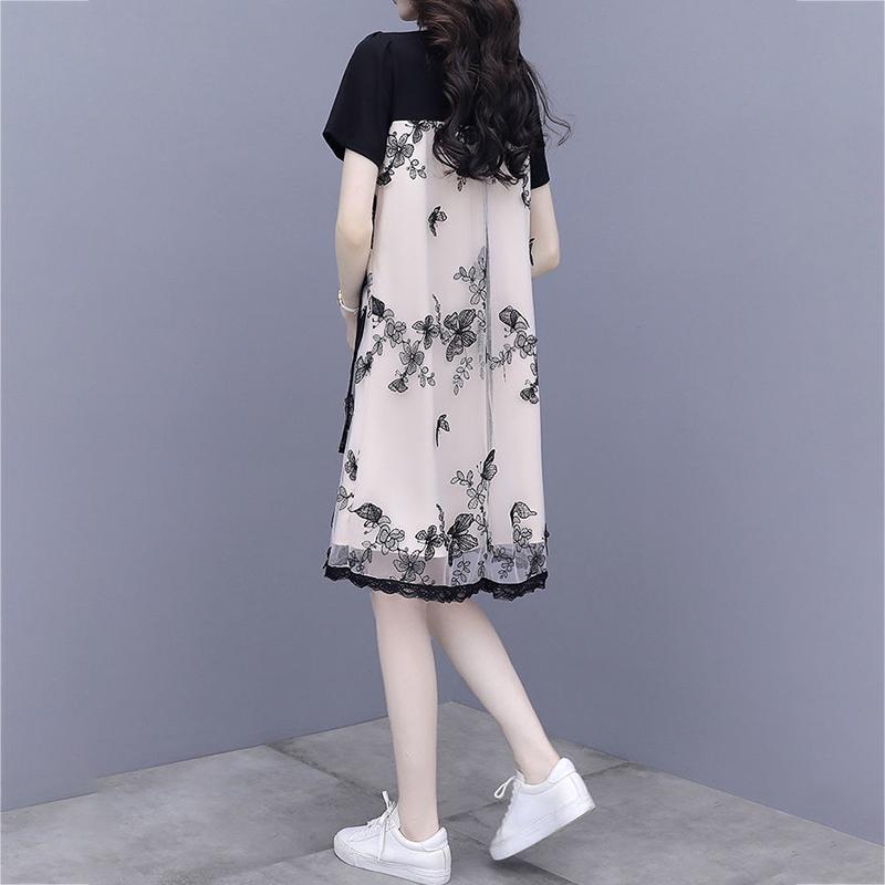 Women Size M-XXXL Summer Printing Knee-length Dress Short  Sleeve Chiffon Lace Mesh A-line Skirt