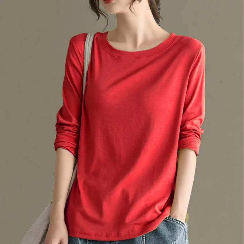 Pure Cotton Long-sleeved T-shirt Spring and Autumn Women's Top Cotton Loose Solid Color Large Size Bottoming Shirt