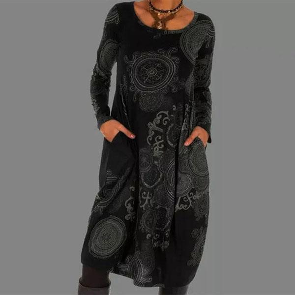 S-5XL Female National Style Long Sleeve Loose Casual Pullover Dress Women's Spring and Autumn Large Size Print Long Dress