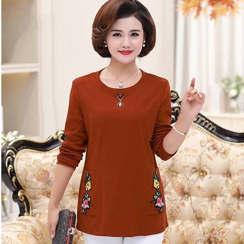 Plus Fleece Spring and Autumn Bottoming Shirt Long-sleeved Mother Wear Autumn T-shirt Top Small Shirt Middle-aged Women's Clothing