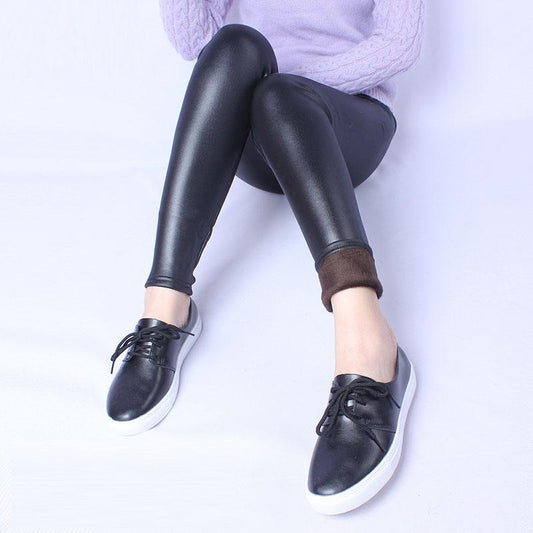Large Size Faux Leather Pants Fashion High Waist Slimming Warm Pants Plus Velvet Thickening Women's Winter Leggings