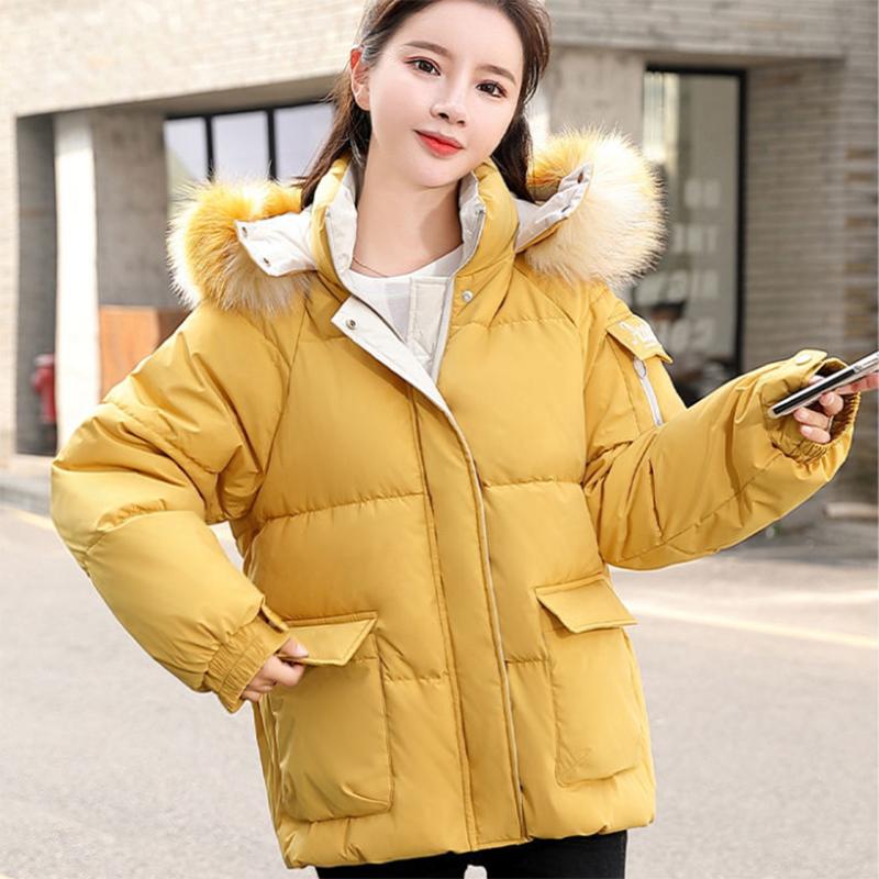 Women's Solid Color Down Jacket Regular Korean Loose Thick Coat Warm Cotton Coat Big Fur Collar Winter Clothes Quilted Coat