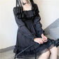Gothic Women Black Party Dress Cross Square Collar Lolita Princess Irregular Dress Cute Lace Ruffles Chic Dress