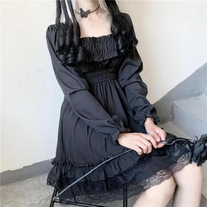 Gothic Women Black Party Dress Cross Square Collar Lolita Princess Irregular Dress Cute Lace Ruffles Chic Dress