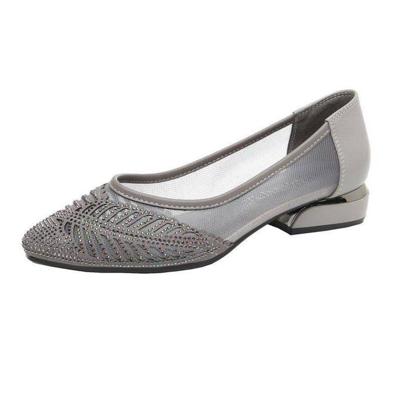 Mesh Sandals Women's Soft Leather Summer Hollow Breathable Low-heeled Shoes Pointed Toe Shoes Shallow Casual Shoes Single Shoes