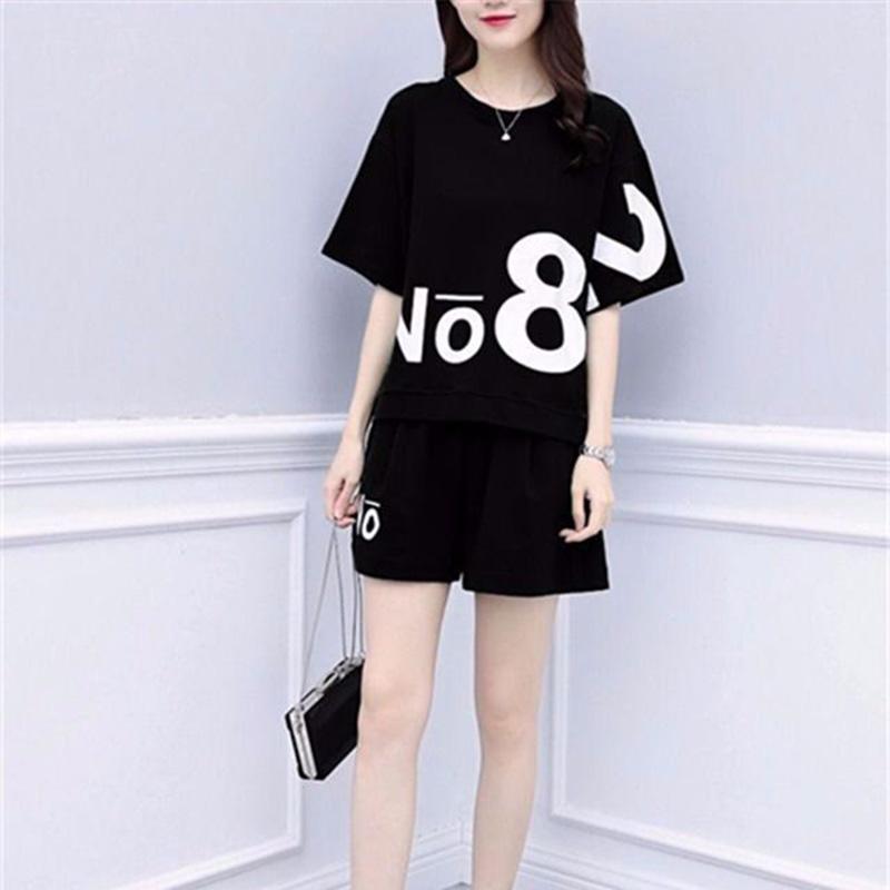 Pure Cotton Casual Sportswear Suit Women's Summer Printing Loose Short-sleeved Shorts Running Two-piece Home Comfort Suit