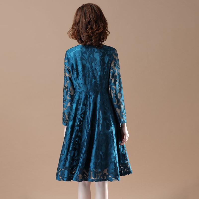 Large Size Lace Long-sleeved Dress Female Spring Summer Thin Hollow A-line Skirt All-match Dinner Dress