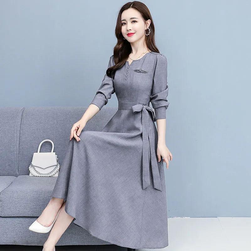 Long-sleeved Cotton Linen Dress Women's Spring Autumn Korean Noble Temperament Slim Fit Mid-length Dress V-neck Bow Tie A-line Skirt