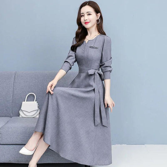 Long-sleeved Cotton Linen Dress Women's Spring Autumn Korean Noble Temperament Slim Fit Mid-length Dress V-neck Bow Tie A-line Skirt