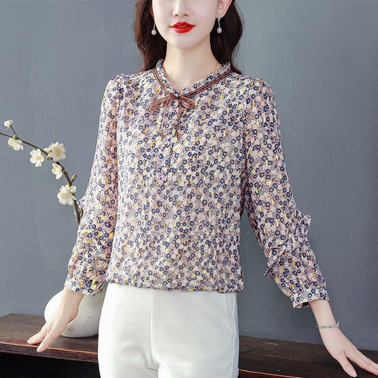 Floral High-end Chiffon Shirt Top Women's Large Size Small Shirt Fashion Temperament Long Sleeves