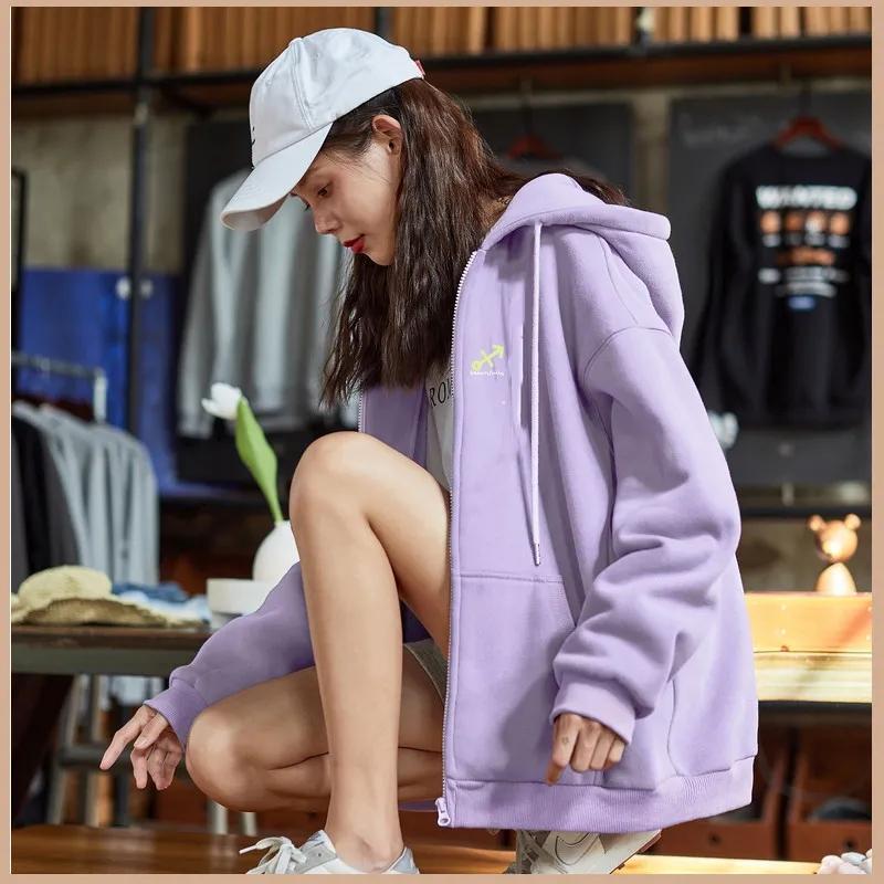 Loose Hooded Sweater Women's Autumn and Winter Coat Short Korean Version Plus Velvet Thick All-match Zipper Cardigan Casual Jacket Top Sportswear